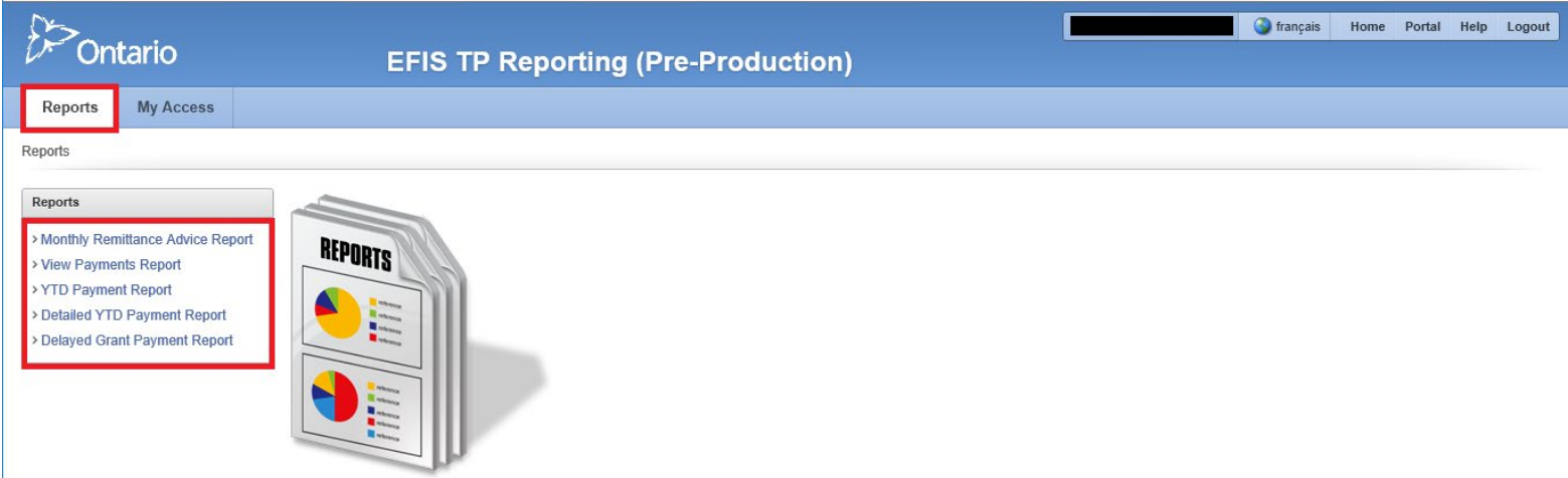 EFIS TP Reporting (Pre-Production): Reports page